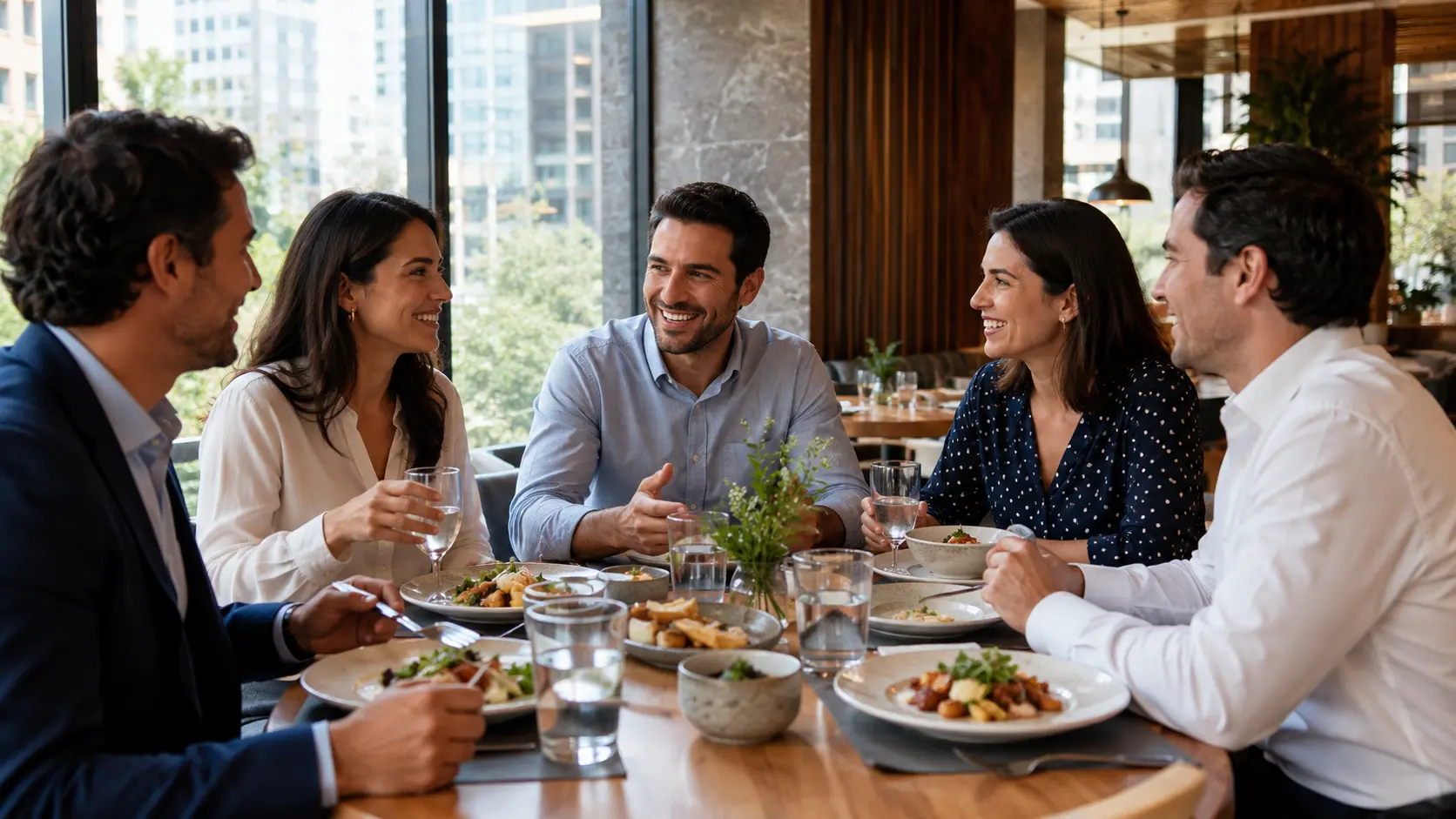 Profesionales compartiendo un almuerzo en un restaurante moderno