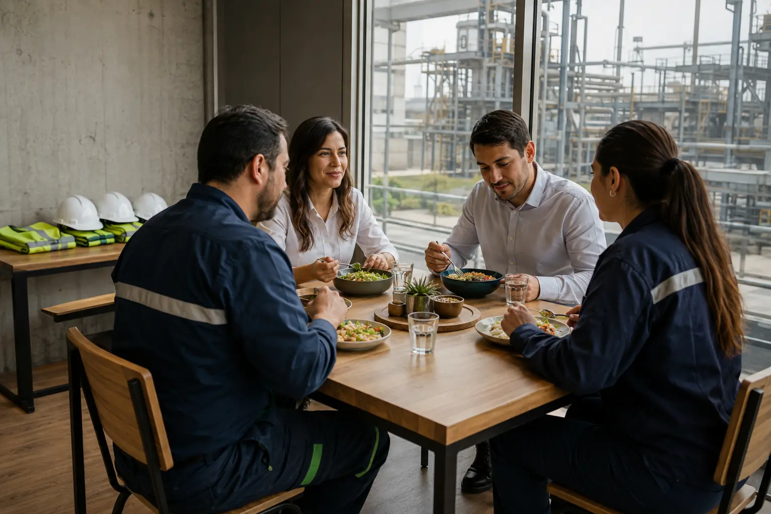 Trabajadores y profesionales compartiendo un almuerzo junto a una operación industrial